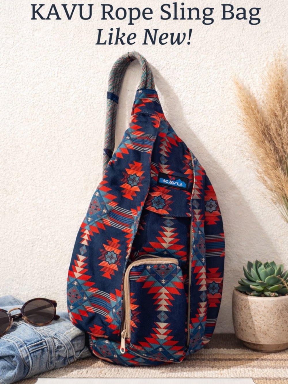 Kavu Navy Sling Backpack with Red & Teal Aztec Print